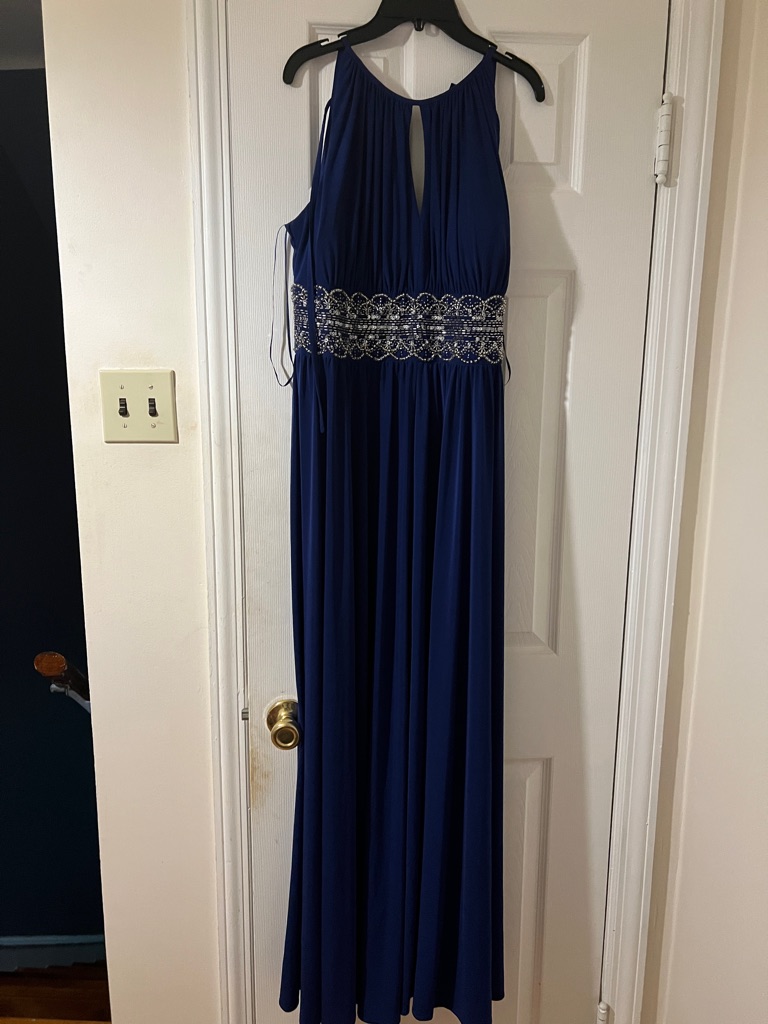 R&M Richards Evening Halter Gown With Beaded Waistband - Navy Sz 14 New